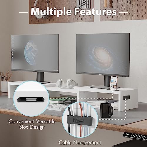 BONTEC Dual Monitor Stand Riser with Smartphone Holder, Adjustable Length & Swivel Angle Wooden Desktop Organizer Stand PC Riser for PC Monitor Laptop Printer, White BONTEC