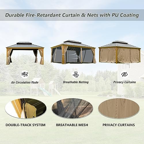 12’ x 16’ Hardtop Gazebo Outdoor Aluminum Wood Grain Gazebos with Galvanized Steel Double Canopy for Patios Deck Backyard,Curtains&Netting by domi outdoor living domi outdoor living