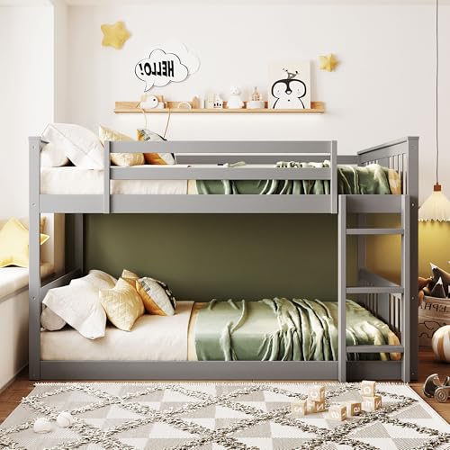 LZ LEISURE ZONE Full Over Full Bunk Bed, Wood Full Bunk Bed with Ladder, No Box Spring Needed, Gray LZ LEISURE ZONE