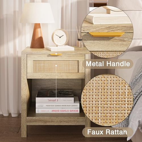 KIGOTY Farmhouse Rattan Nightstand Set of 2, Bedside Table with Drawer,Open Compartment, Side Table with Storage, End Table for Bedroom,Oak KIGOTY