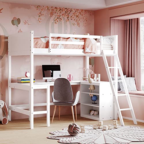 Ball & Cast Twin Size Loft Bed with Full-Length Guard Rail and Storage Shelves,Wood Bedframe w/Ladder & U Shape Desk,Slat Support,Space Saving,Bedroom Furniture for Student Dorms,Studio,White Ball & Cast