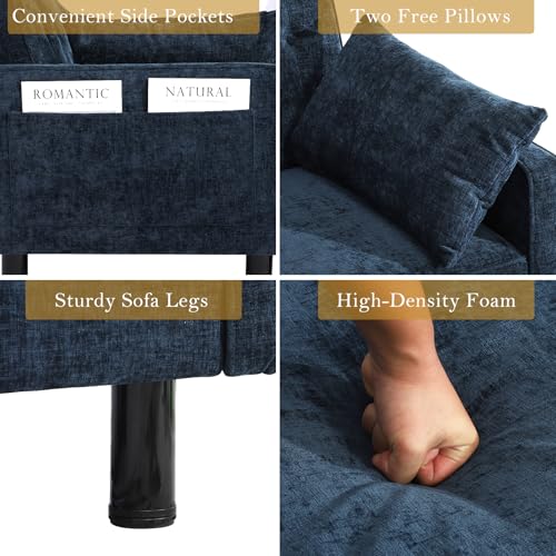 Futon Sofa Bed,Convertible Loveseat Sleeper Sofa Bed Modern Loveseat Futon Couch with Storage/Adjustable Backrest/2 Pillows,Small Blue Couches for Living Room Furniture (Blue, 2-Seater) Generic