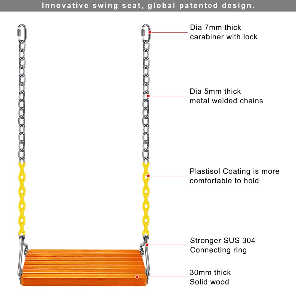 SELEWARE Wooden Swing Set, Wood Tree Swing Seat with Chain, Wood Swing Set Seat Accessories for Adult Kid Indoor Outdoor Playground Backyard SELEWARE