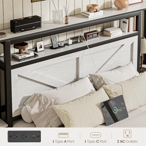 Otevehde Queen Size Rustic Bed Frame with Storage Born Door Headboard and Bedside Storage, Industrial Farmhouse Metal Platform Bed Frame with Charging Station and LED Lights, White Otevehde