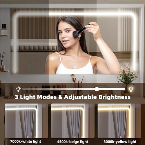 YITAHOME Vanity Desk Set- L Makeup Vanity with Mirror and Lights 3 Lighting Modes, 48" Large Makeup Table with 5 Tempered Glass Drawers with Open Storage Shelves Vanity Table, White YITAHOME