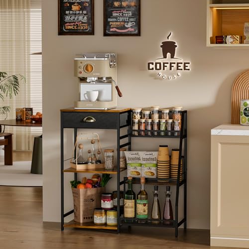 Rustic Brown Coffee Bar Cabinet with Drawer - 3-Tier Coffee Stand Station for Small Spaces Jakyitvi