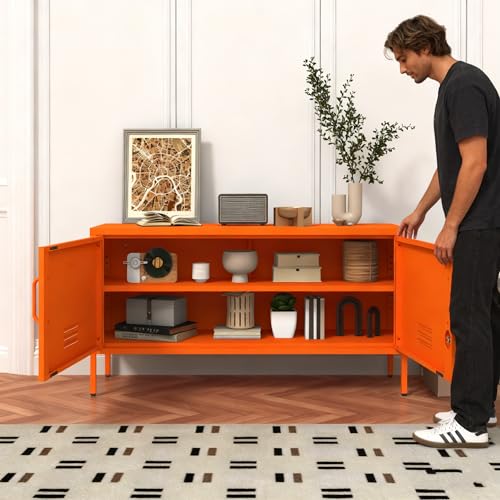 Aiasuit Orange Lockable Metal TV Stand Entertainment Center, Heavy Duty Storage Cabinet Supports 80+ Inch TVs, Multifunctional Media Console for Home Living Room Office 22" H X 35.4" W X 13.8" D Aiasuit
