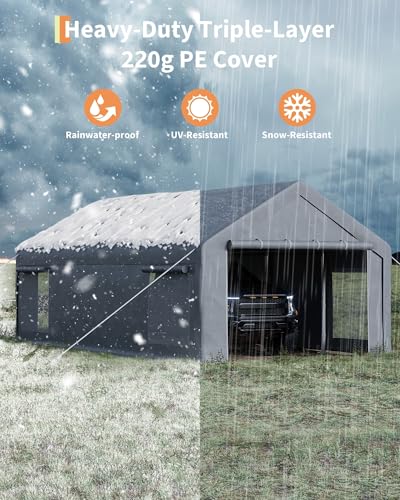 GarveeLife 13x25 ft Portable Garage, Car Port with 220 g PE Tarp Cover, with Front & Rear Roll-Up Doors and 4 Windows, for Temporary Paint Booth, Boats&Pickups Shed, and Event Shelter, Gray GarveeLife