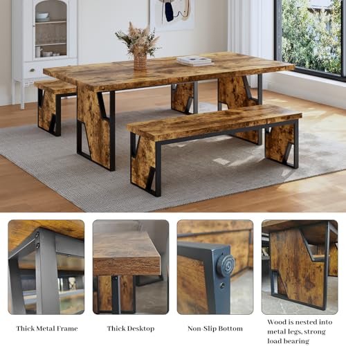 HIPIHOM 70.8" Wooden Dining Table with 2 Benches, Modern Kitchen Table and Chairs Set for 4-6 Person, Thickened MDF Wooden Table with Dining Bench for Living Dining Room, Kitchen, Office HIPIHOM