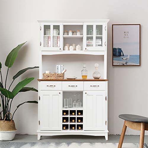 Giantex Buffet Hutch Cabinet, Kitchen Hutch Sideboard, Buffet Cabinet on Storage Island, Wood Kitchenware Server with 3 Large Drawers and 9 Wine Bottle Modules (White) Giantex