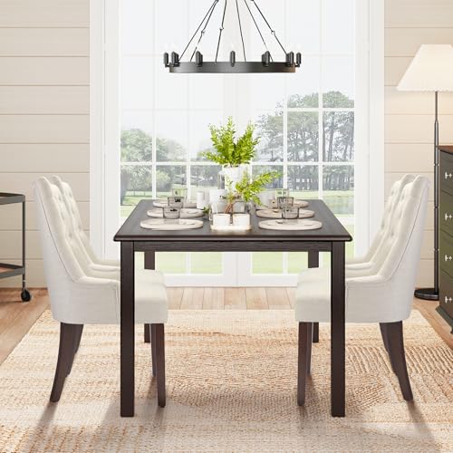 COLAMY 7-Piece Dining Table Set for 6, 60" Rectangular Kitchen Wood Table with 6 Wingback Dining Room Chairs, Brown/Beige COLAMY