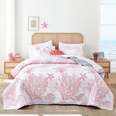 weigelia Coastal Quilts Bedding Set Twin Size - Pink Summer Nautical Bedding Quilt with Pillow Cases, Beach Reversible Quilt Set Bedspreads Coverlet Soft Lightweight Comforter
