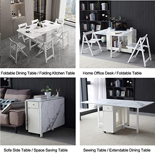 FUNROLUX Folding Dining Table with Rack and 2 Storage Drawers, Movable Extendable Space Saving Kitchen Table in 3 Forms (White) FUNROLUX