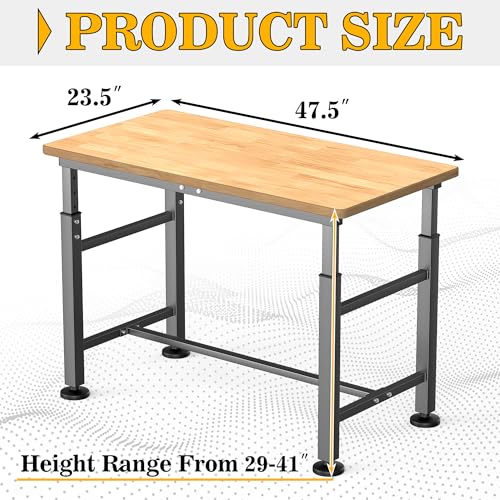 Ultrawall Workbench for Garage, 47.5" Adjustable Height Work Table, Heavy Duty Rubber Wood Workstation for Workshop, Office, Home, 2000 LBS Load Capacity Ultrawall
