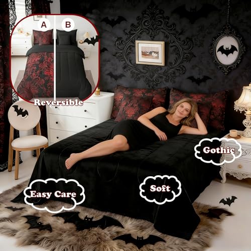 Erosebridal Gothic Damask 7 Piece Comforter Set Full Bed in a Bag,Exotic Moth Bedding Sets Red Black Victorian Floral Goth Sheet Set with Comforter Erosebridal