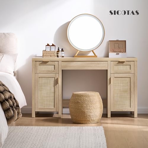 SICOTAS Rattan Vanity Home Office Desk - 52" Large Farmhouse Boho Makeup Vanity Dressing Table with 3 Drawers & 2 Storage Cabinets, Vanities Desk for Makeup Room, Bedroom, Home Office, Light Oak SICOTAS