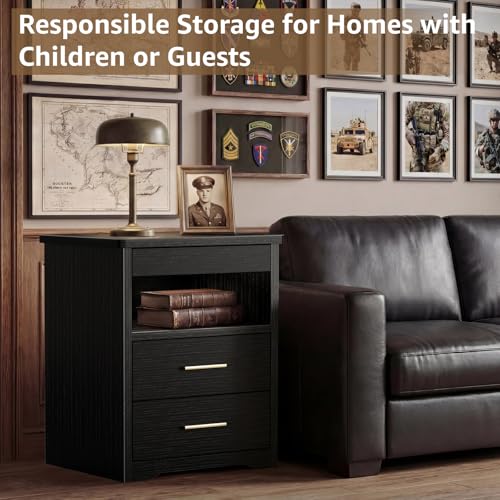 Black Nightstand with Gun Drawer for Bedroom Modern 3 Drawer Night Stand Gun Safe for Handgun Bed Side Table with Storage Hidden Compartment Locking Drawer IGERI