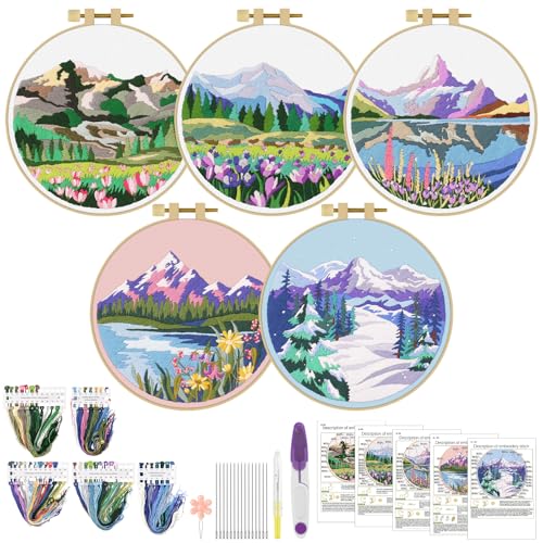 ERKOON Embroidery Kit for Beginners, 5 Sets Flower Cross Stitch Set for Adults Include Embroidery Cloth Hoops Threads for Craft Lover Hand Stitch with Skill Techniques (Landscape)