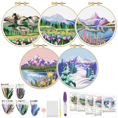 ERKOON Embroidery Kit for Beginners, 5 Sets Flower Cross Stitch Set for Adults Include Embroidery Cloth Hoops Threads for Craft Lover Hand Stitch with Skill Techniques (Landscape)