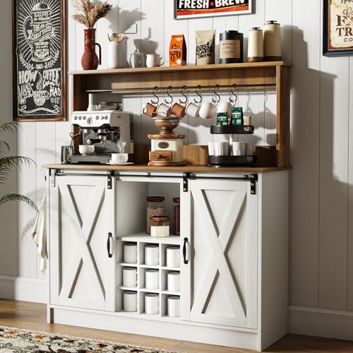 4ever2buy Farmhouse Coffee Bar Cabinet with 6 Hooks, 47'' Kitchen Coffee Bar with Hutch and 9 Wink Racks, White Coffee Bar Table with Sliding Barn Door for Dining Living Room 4ever2buy