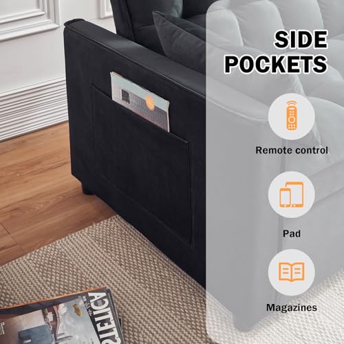 ECHINGLE Sleeper Sofa Bed, 3-in-1 Velvet Pull Out Couch with Armrests, Storage Pockets and 2 Pillows, Adjustable Backrest, Pull Out Sofa Bed Couch for Living Room, Bedroom(Black) ECHINGLE