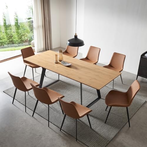 ZckyCine Expandable 8-Person Dining Table Set (63" - 79") with Modern Oak Table & 8 Brown Chairs – Ideal for Kitchens and Dining Rooms ZckyCine