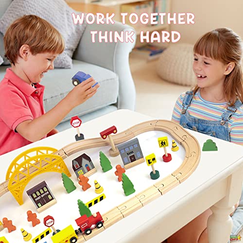 60Pcs Train Set for 3 Year Old Boys, Double-Side Wooden Train Set Tracks for Toddlers, Fits Brio, Thomas, Melissa and Doug, Kids Wood Train Toys for 3 4 5 Year Old Boys and Girls (Yellow) KIDS TOYLAND
