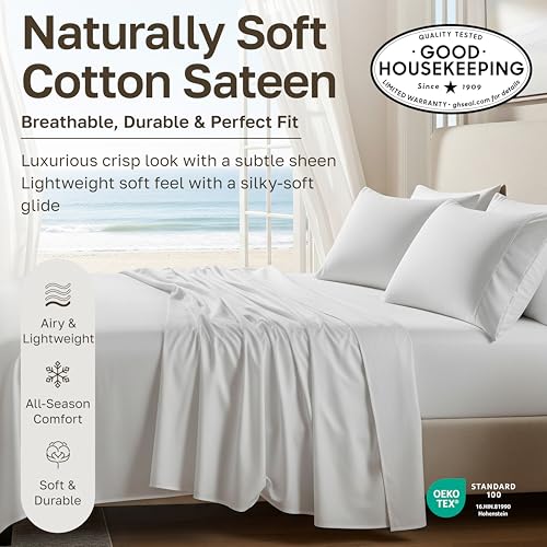 California Design Den King Size Sheets Set - Natural 100% Cotton Sheets King Size with Deep Pockets, Soft Sateen Weave, Breathable and Durable Bedding Set (White) California Design Den
