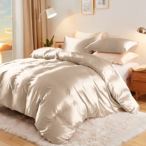Vonty 3-Piece Silky Satin Duvet Cover Set Full/Queen Size Duvet Cover, Organic Natural 400TC Beige Duvet Cover Set - Luxury & Sexy Bedding Duvet Covers with Zipper Closure(No Comforter) Vonty