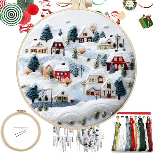 FONNUY Crewel Christmas Embroidery Kit for Beginners, Cross Stitch Set Winter Snow Scene Pine Owl Pattern for Adults, Easy to Follow Color Thread Needlework, 8'' Hoop (Snow Village)