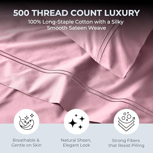 Mayil Manor 100% Natural Cotton Sheets Queen Size Bed Set | 500 TC Single-Ply Sateen Weave | Soft, Breathable, Hypoallergenic Solid 4-Piece Bedding with Deep Pocket Fitted, Flat, Pillowcase | Blush Mayil Manor