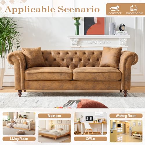 Mid Century Modern Faux Leather Couch Set of 2, Tufted Couch and Loveseat Set muebles para la sala Comfy Chesterfield Upholstered Office Furniture Living Room Sofa Set 2 Piece (Brown, 3+3 Seater) SLEERWAY