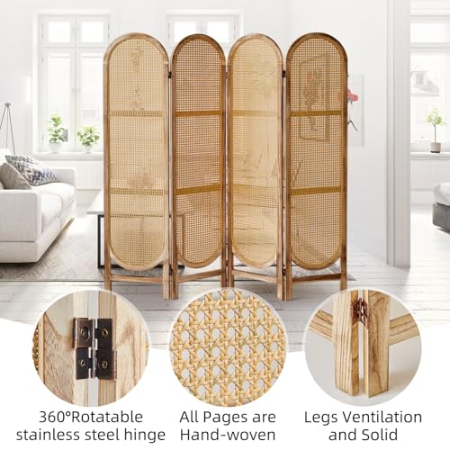 Leesinwing 4 Panels Room Dividers and Hand-Woven Rattan Room Divider Wall, Wood Room Divider Folding Privacy Screens for Home Office Bedroom, Light Brown Leesinwing