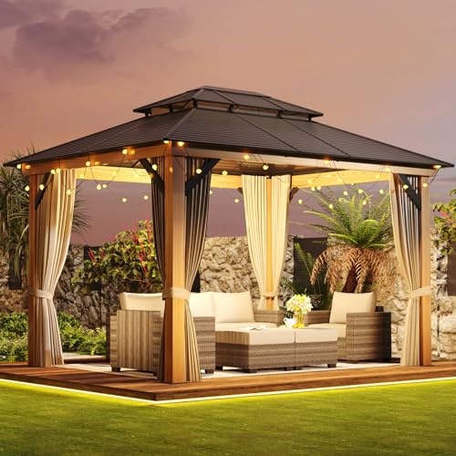 WELYAS Aluminum Hardtop Gazebo 10' X 12' Heavy Duty All Weather Wood Color Gazebos with Galvanized Steel Double Metal Roof for Garden Patio Deck Backyard, Curtains and Netting Included WELYAS