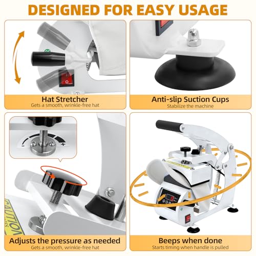 WERMAH Hat Heat Press, Hat Press Heat Machine for Caps with 2 Platens, White Hat Heat Press Machine for Caps with Non-Slip Base for Heat Transfer Vinyl WERMAH