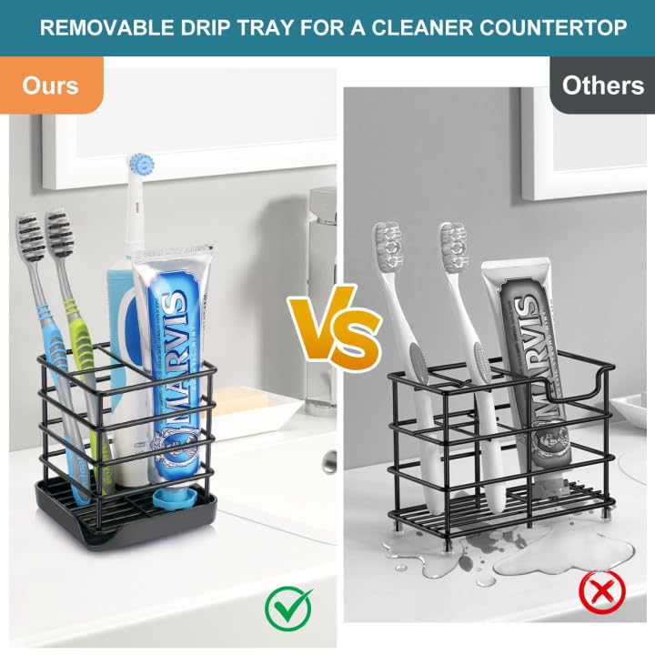 Toothbrush Holders for Bathrooms, Stainless Steel Bathroom Toothbrush Holder Kids Electric Tooth Brushing Holder Stand and Toothpaste Holder for Bathroom Accessories Organizer with Tray, Black (Small) Chintu