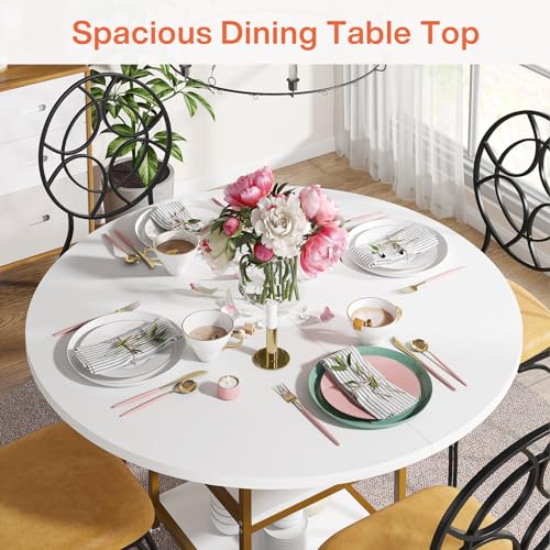 Tribesigns 47 Inches Dining Table Kitchen Tables for Dining Room, 4 People Round Dinner Table with Storage Shelves for Dinner Room Kitchen Living Room, White Gold(Only Table) Tribesigns