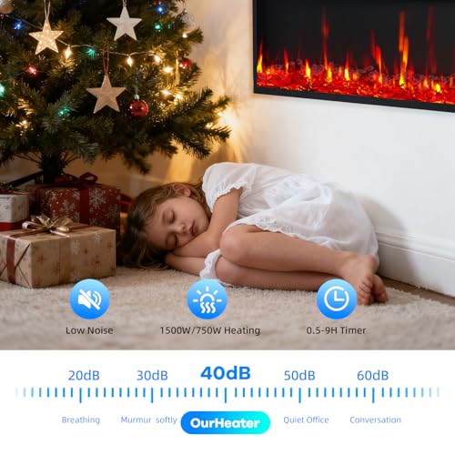 GarveeHome 50 in Electric Fireplace Wall Mounted/Recessed with Remote Control, 4.2 in Ultra-Thin Linear Fireplace Heater 750W/1500W with Timer, 12-Color Flames, Log & Crystal Options GarveeHome