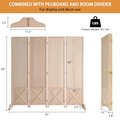 VINGLI Freestanding Pegboard with Support Feet, 5 FT Wood Room Divider Display Board Organizer, Folding Privacy Screen Partition Space Separator for Craft Shows Events Retail (Natural, 4 Panel) VINGLI