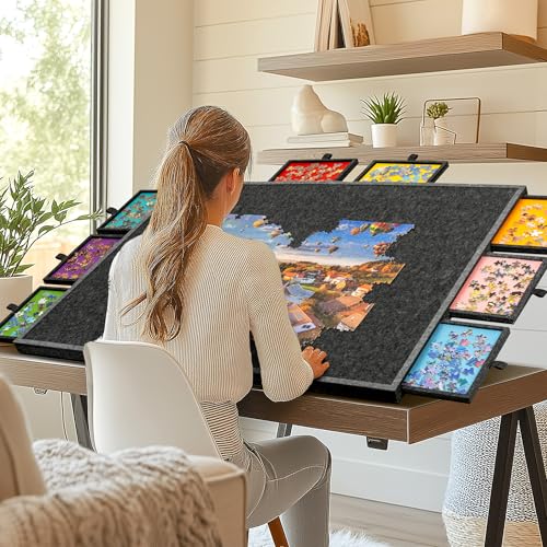 Becko US 2000 Piece Foldable & Tilting Puzzle Board with 8 Drawers & Cover, Lightweight & Portable Puzzle Table with Built-in Stands for Angle Adjustments, for 2000 1500 1000 Pieces Jigsaw Puzzles Becko US