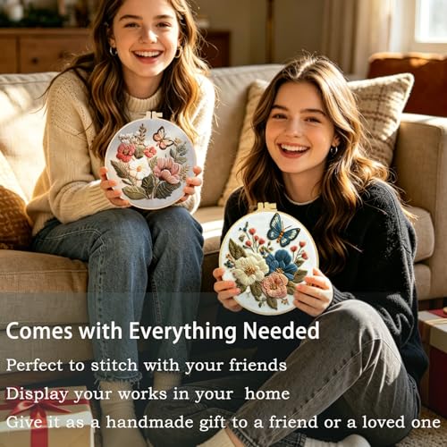 FONNUY Boho Floral Embroidery Kit, Pre-Stamped Butterfly Frolicking in Blooms Patterns Kits for Adults and Beginners, Handmade DIY Crafts Set, Color Thread Needlework, 8'' Hoop (Blue A2)