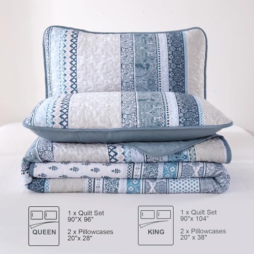 WONGS BEDDING Boho Quilt Set King Size, Blue Bohemian 3 Pieces Quilt Sets, Lightweight Bedspread Coverlet Bedding Set for All Season (104"x90") WONGS BEDDING