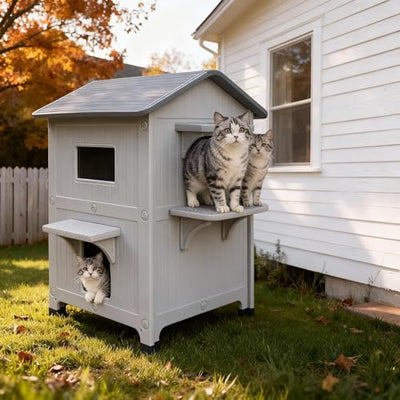 Weatherproof Outdoor Insulated Cat House for Feral Multi Cat, 2 Storey Plastic Elevated Cat Shelter with Escape Door, Easy Assemble, Expansive Interior Grey 34" D x 21" W x 21.5" H