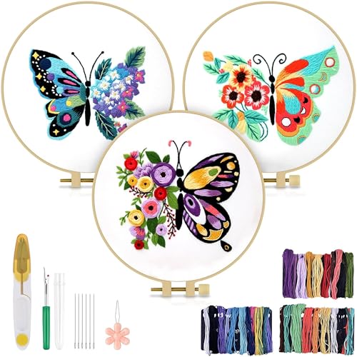 FREFTA 3 Pack Butterfly Embroidery kit for Beginners to Advanced, Floral Hand Embroidery & Cross Stitch mini Tool Kit with Stamped Patterns, Hoop, Threads & Needles, DIY Starter Kit with Instructions