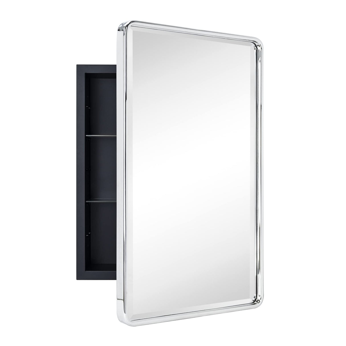 TEHOME Farmhouse Chrome Metal Framed Recessed Bathroom Medicine Cabinet with Mirror Rounded Rectangle Medicine Cabinet with Beveled Mirror, 16x24'' TEHOME
