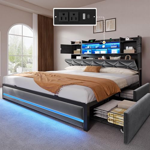 DWVO Queen Size Bed Frame with RGB LED Lights & Storage Bookcase Headboard, Upholstered Bed with Charging Station and 4 Drawers, No Box Spring Needed, Easy Assembly, Noise-Free, Velvet Grey DWVO