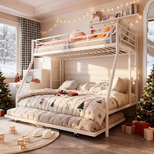 SUNLEI Metal Bunk Beds with Double Secured Ladders, Bunk Bed Twin Over Full with Surrounded Safety Guardrails, Space Saver Beds with Trundle, Noise Free for Small Bedroom, Creamy White SUNLEI