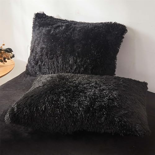 FOPPA Fluffy Black comforters Cover Twin Size - Ultra Soft Plush Bedding Sets 2 Pieces (1 Faux Fur Comforter Cover + 1 Fuzzy Pillow case) Girls Shaggy Bed Set (Black, Twin) FOPPA
