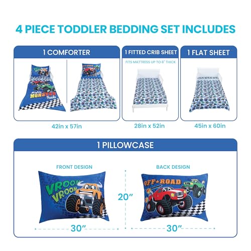 Todays Kids Monster Trucks Toddler Bedding Set for Boys - 4-Piece Toddler Bed Comforter Sets for Boys, Reversible Comforter & Pillowcase, Flat Sheet, Fitted Sheet, Breathable & Super Soft Microfiber Todays Kids
