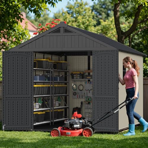 Greesum 8×12 FT Plastic Outdoor Storage Shed with Floor, Resin Sheds with Window and Lockable Door, Weather Resistant Organization for Garden, Lawn, Pool Supplies, Beige Greesum